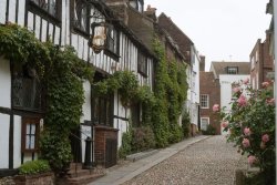 Picturesque UK town with famous street and ancient inn that feels like a fairy tale